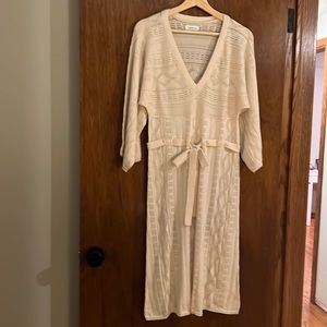 Calvin Klein Cream Crochet/Sweater Style Bell Belted Long Sleeve Dress
